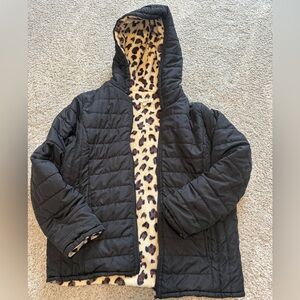 Black Puffer Jacket with Leopard Lining